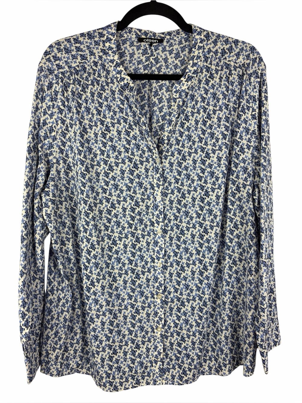 Olsen Large 14 Blue Cream Abstract Print Cotton Viscose Button Blouse